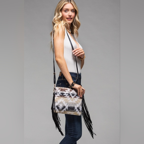 Fringed Crossbody Bag - Ethnic Southwest inspired Design - Clutch Strap Included - Picture 6 of 6